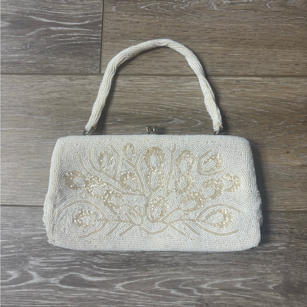 La Regale Beaded Purse White Italian Evening Handbag Retro Date Dance Vtg *Read*